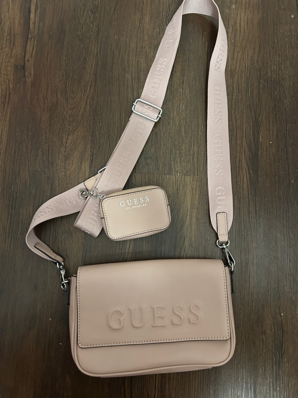 GUESS Blush Pink Crossbody Bag with Logo Strap and Pouch